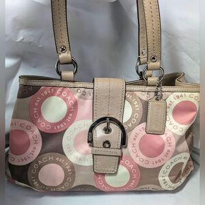 COACH Vintage Soho Snaphead Pink & Tan Signature Op Art Print Tote / Satchel